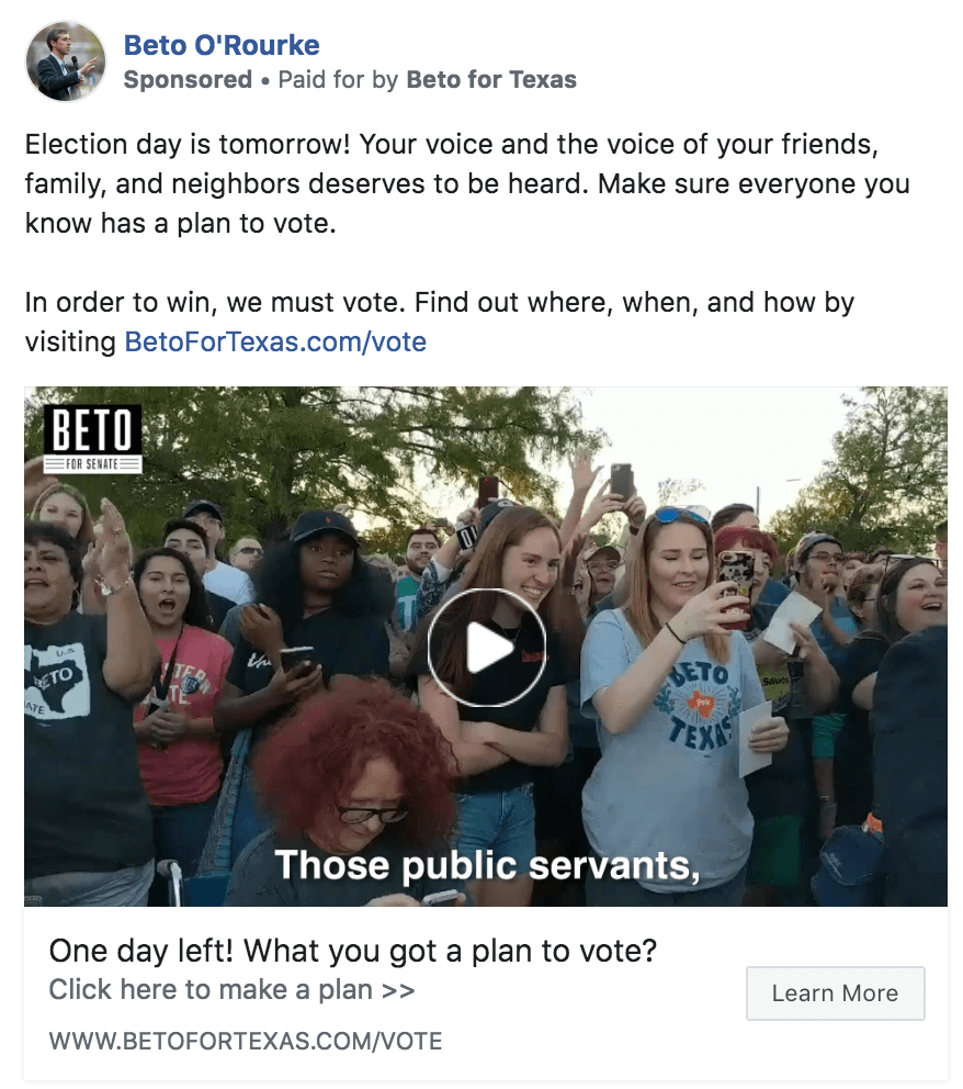 Beto O'Rourke Election Day is Tomorrow Facebook Ad