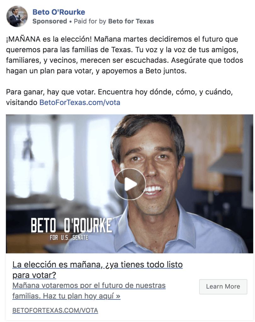 Beto O'Rourke Facebook Ad in Spanish
