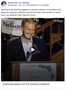 Bill Nelson ad tying a vote to his campaign as a protection for pre-existing conditions
