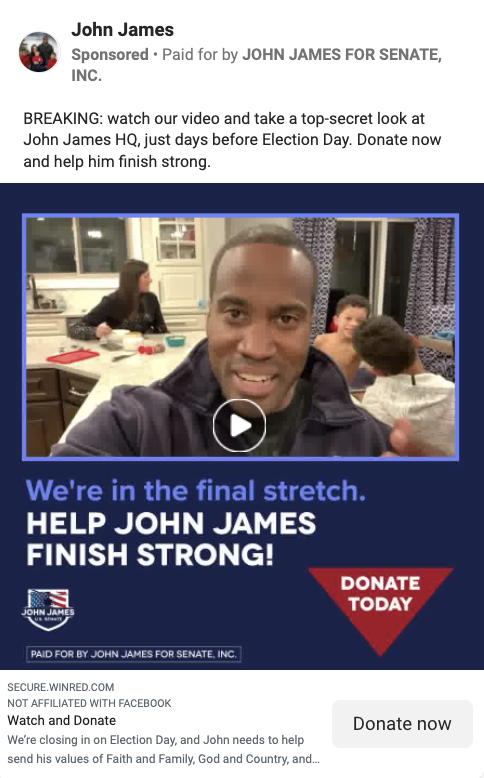 John James produced selfie ad to donate in the final strech